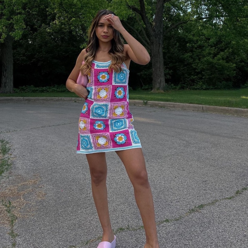 Crochet pink, white and blue mini dress